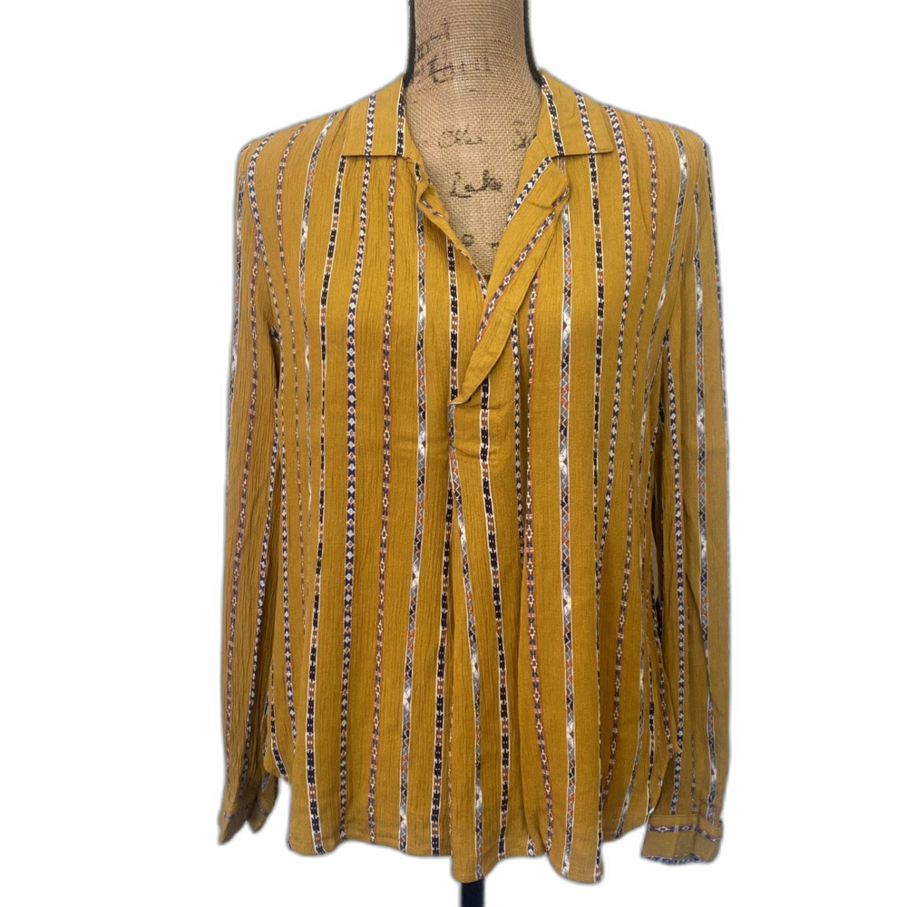 Karen Kane Stripe Printed Popover Blouse Crepe Crinkle Mustard Yellow Size Large